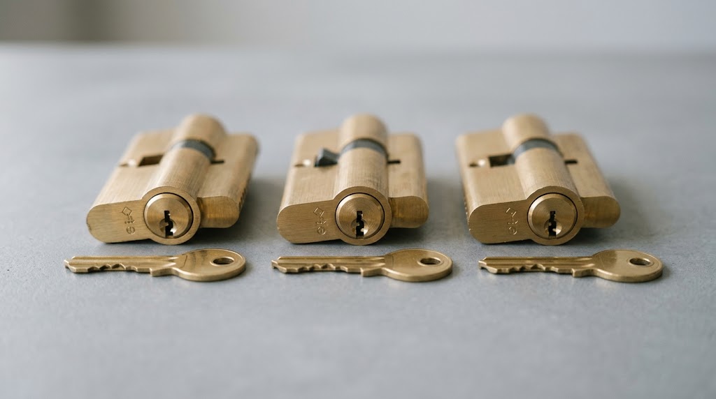 Trois clés brevetées côte à côte (DormaKaba, KESO, Mul-T-Lock) sur un plan de travail en bois clair, avec leurs cartes de propriété à proximité.